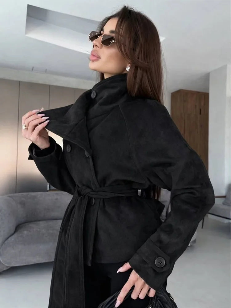 Elegant Suede Women Jacket Turn Down Collar Double Breasted Belt Waist Slim Jackets 2026 Autumn Winter Female Fashion Tops
