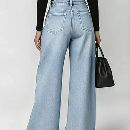 Jeans da Donna a Gamba Larga, Vita Media, con Dettagli Traforati, Effetto Vintage, Stile High Street, Eleganti, da Lavoro, Casual, Pantaloni Dritti