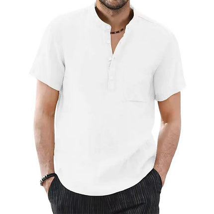 Men's Short Sleeve Cotton Linen T-shirt Casual Solid Color Men's Summer Shirt Cozy and Breathable