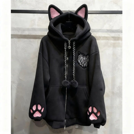 Cute Cat Ear Velvet Hoodies Women Cat Claw Long Sleeve Coat Black Harajuku Y2k 2000s Punk Rock Goth Sweetheart Women Jackets