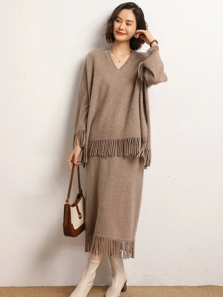 Women's Tassels Long Skirts Autumn Winter 100% Cashmere Knitwear Soft Warm Retro Casual Clothing Versatile Hide Fat Make Slim PlatiNum