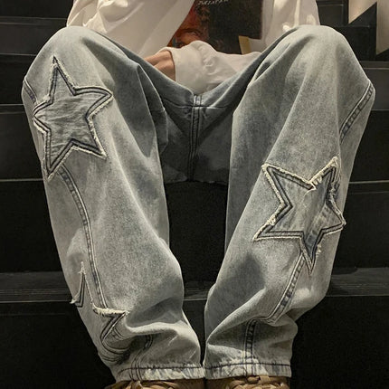 New Fashion Stella a cinque punte Jeans Uomo a vita alta Vintage Streetwear Pantaloni da uomo Baggy Inverno Jeans a gamba larga Denim Abbigliamento uomo