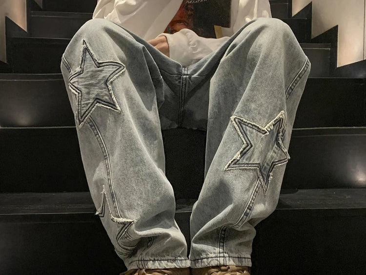 New Fashion Stella a cinque punte Jeans Uomo a vita alta Vintage Streetwear Pantaloni da uomo Baggy Inverno Jeans a gamba larga Denim Abbigliamento uomo
