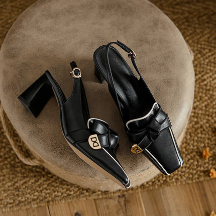 【JOCHEBED HU】2026 New Summer Retro Women's High Heels Thick Heel Square Toe Back Empty Shoes Trend 33-46