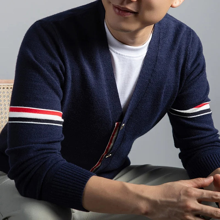 High End Brand Knitted Cardigan Men's Autumn Trend Color Blocked Striped Designer New shawl Korean Casual V-Neck sweater Coat
