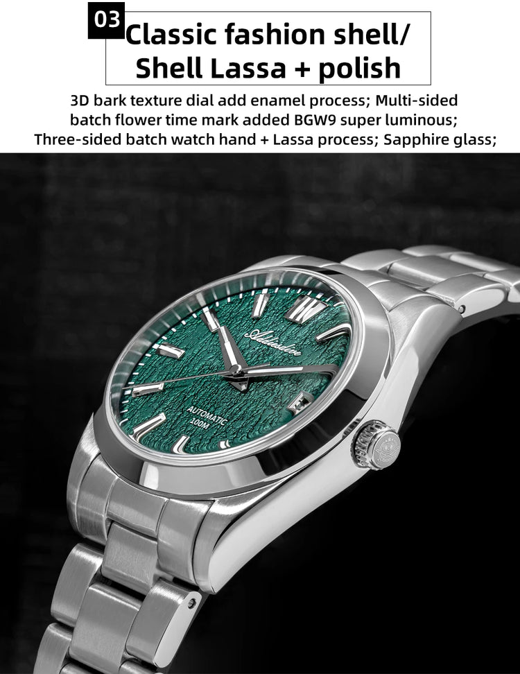 ADDIESDIVE Top Brand Automatic Watch For Men Sapphire Glass Unique Bark Texture Waterproof Luminous Mechanical Watch New AD2075