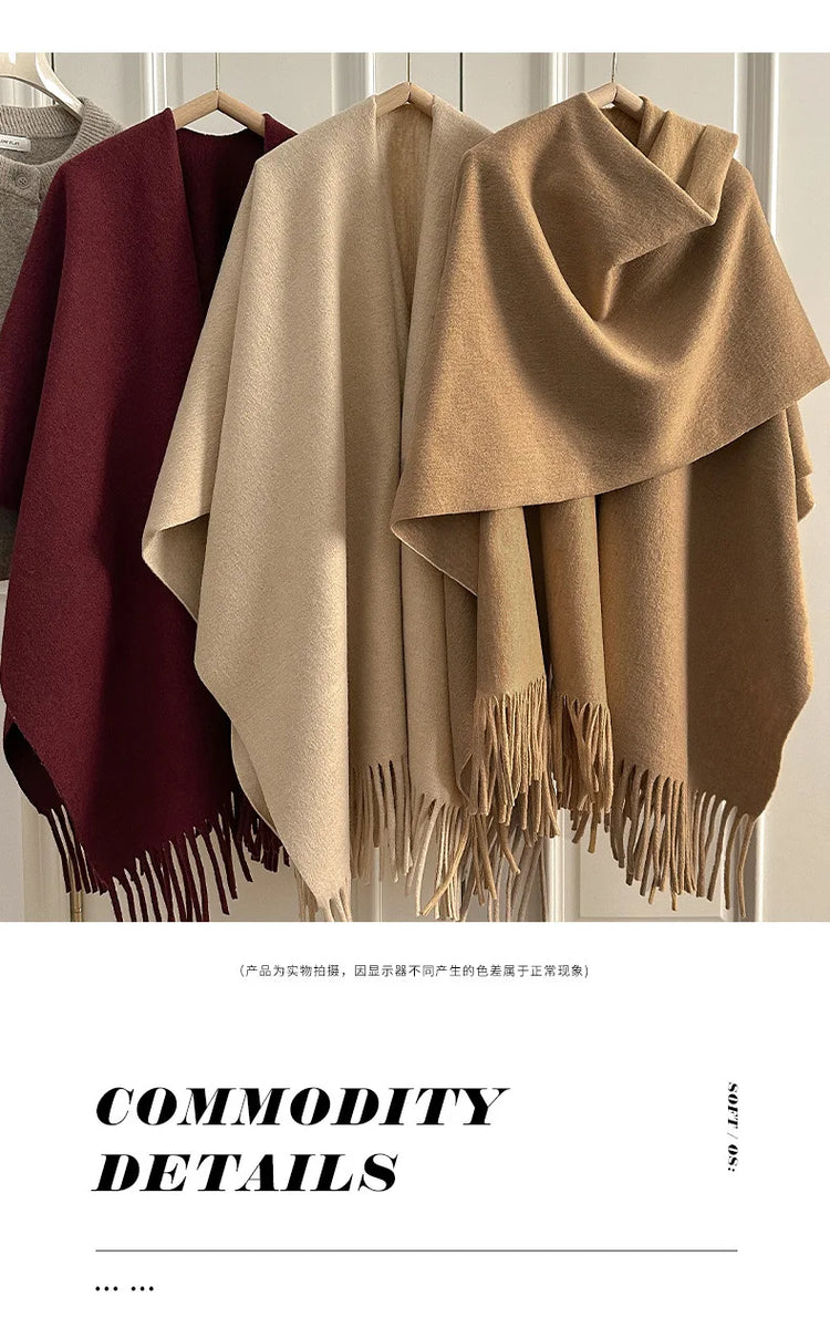 Women Split‑Open Woolen Tassel Poncho Shawl Thick Warm Cape Coat Autumn Winter Travel Photography Outer Wrap