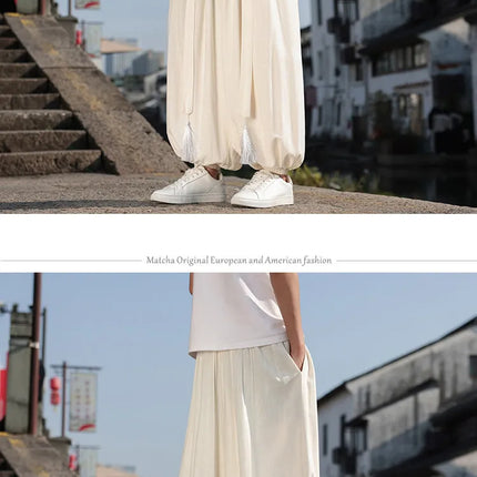 Pantaloni Stile Cinese da Uomo, Etnici in Lino a Gamba Larga, Design con Cavallo Morbido, Pantaloni da Ballo, Casual, Hanfu, Stile Lanterna, 8XL