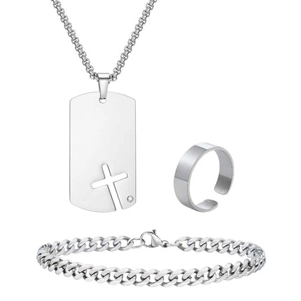 Set di 3 Pezzi: Collana Dogtag per Uomini e Ragazzi, Bracciale con Catena Cubana in Acciaio Inossidabile, Set di Anelli Impermeabili Regalo platinumshop