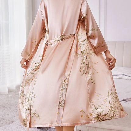 Set di 2 Pezzi: Elegante Pigiama Stampato da Donna con Vestaglia Lunga e Camicia da Notte in Raso, Stampa Casuale, Comodo Abbigliamento per Casa