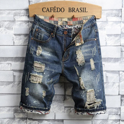 Men Ripped Short Jeans Summer Cotton Knee Length Shorts Breathable Vintage Denim Pants Painted Graffiti Streetwear Cargo Jeans PlatiNum