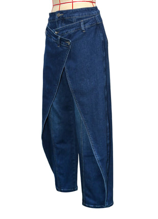 Jeans Larghi Vintage in Denim Lavato per Donna, Vita Alta con Asimmetrico Design Incrociato, Stile Y2K Streetwear Casual alla Moda