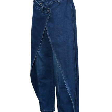 Jeans Larghi Vintage in Denim Lavato per Donna, Vita Alta con Asimmetrico Design Incrociato, Stile Y2K Streetwear Casual alla Moda