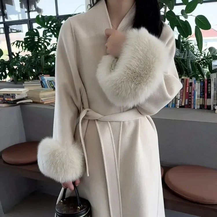 2025 New Spring Winter Warm Long Woolen Coat Women Elegant Warm Wool Blend Trench Coat With Belt Fashion Outerwear