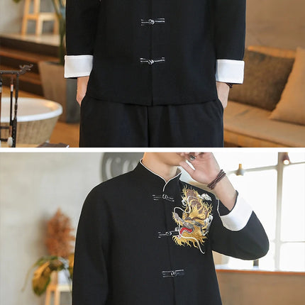 Camicie da Uomo a Maniche Lunghe in Stile Cinese, Ricamate, per Kung Fu e Tai Chi, Cardigan Retrò in Lino, Abito Tradizionale Tang, Top Tradizionale da Uomo