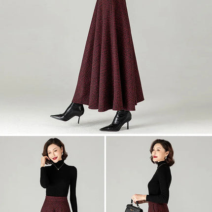 New Women Woolen Plaid Skirt Autumn Winter Fashion Elastic High Waist A-Line Wool Blended Long Skirt Simplicity Vintage Skirt PlatiNum