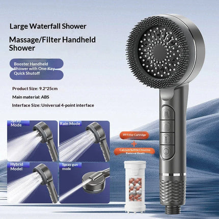Soffione doccia autopulente a 4 modalità con spazzola in silicone, arresto acqua con un tasto, massaggio ad alta pressione, soffione in ABS con filtro