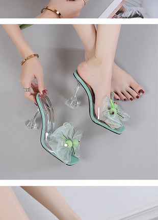 Liyke 2026 Nouvelle Mode 9CM Pantoufles à Talon Transparent Fil Net Rose Nœud Papillon Sandales d'Été Chaussures Transparentes pour Femmes Claquettes Présentations des entreprises productrices de jeux