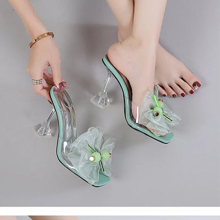Liyke 2026 Nouvelle Mode 9CM Chaussons à Talon Transparent Filet Rose Nœud Papillon Sandales d'Été Chaussures Transparentes pour Femmes Claquettes Présentations des entreprises de fabrication de jeux