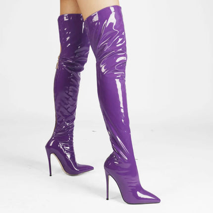 New Sexy Fashion Patent Leather Women Over Knee Boots Black White Long Boots Ladies Pointed Toe Classic High Heels Shoes Large PlatiNum
