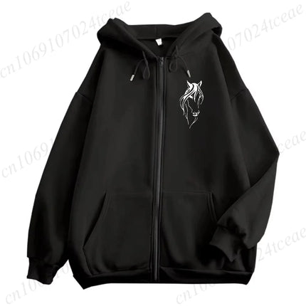 Autumn Winter Woman Zip Up Hoodies Just A Girl Who Loves Horses Print Top Funny Harajuku Streetwear Horses Lovers Sweatshirts