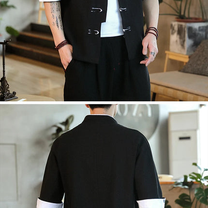 Nuovo gru ricamo top abbigliamento tradizionale cinese per uomo camicie vintage in lino a mezza manica colletto Madarin solido Hanfu Kungfu