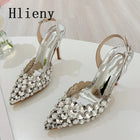 Hlieny Hollow Out Patent Leather Women Pumps Fashion Crystal Diamonds Pointed Toe Gold Silver High Heels Shoes Stiletto Sandals PlatiNum