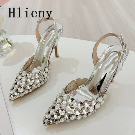Hlieny Hollow Out Patent Leather Women Pumps Fashion Crystal Diamonds Pointed Toe Gold Silver High Heels Shoes Stiletto Sandals PlatiNum