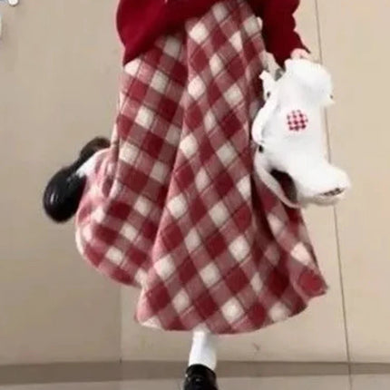 Red Plaid Midi Skirt Women Fall Winter Vintage High Waist Sweet Woolen Cloth Skirts Retro Loose Preppy Aesthetic Female Skirt PlatiNum