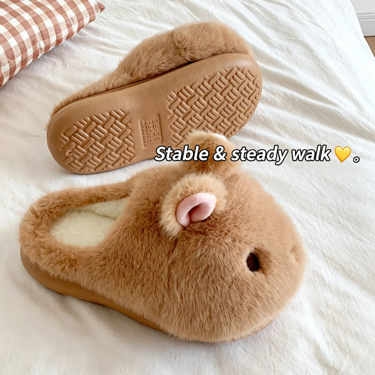 Cute Brown Bunny Plush Slippers Women Winter Warm Rebound Soft Sole House Shoes Indoor Fuzzy Non-Slip Comfortable Home Footwear