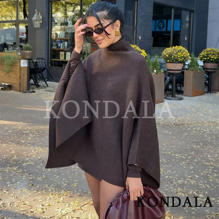 KONDALA Stand-up Collar Knitted Cape Coat High Street Casual Loose Cape 2025 Fall Winter Fashion Elegant Streetwear Lady Cape