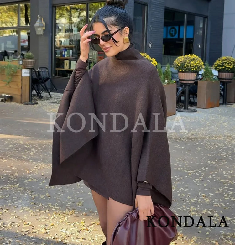 KONDALA Stand-up Collar Knitted Cape Coat High Street Casual Loose Cape 2025 Fall Winter Fashion Elegant Streetwear Lady Cape