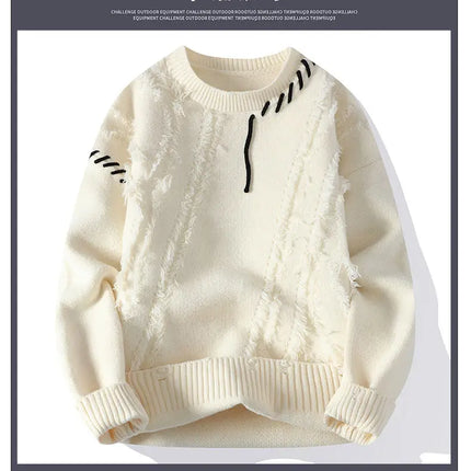 Autumn Winter Warm Mens Knitted Sweaters Fashion Patchwork O Neck Knit Pullovers Korean Streetwear Pullover Casual Mens Clothing