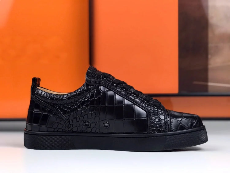 Luxury Men's Rivets Low Top Black Crocodile Pattern Leather Red Bottom Sneakers Casual Boat Shoes White Sole Fashion Footwear