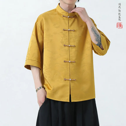 Camicie Estive da Uomo di Lusso in Jacquard Traspirante a Maniche Corte, Stile Cinese Tradizionale Kung Fu Tai Chi, Camicia Casual da Uomo