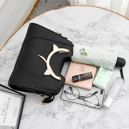 Cat Shaped Handle Women Handbag Trendy And Fashionable, Solid Color, Simple And Casual Crossbody Shoulder Shell Bag PlatiNum