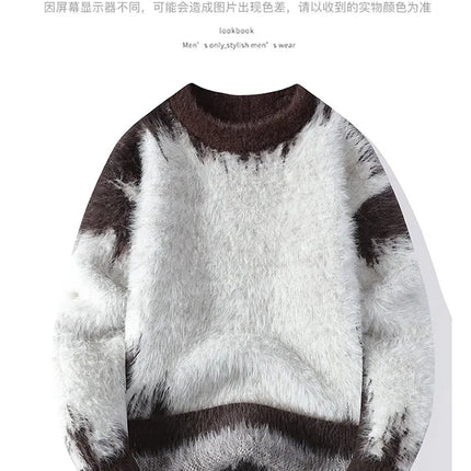 Autumn Winter Men's Casual Warm Fake mink fur Retro Knitted Sweater Round Neck Knitting Pullover Sweater