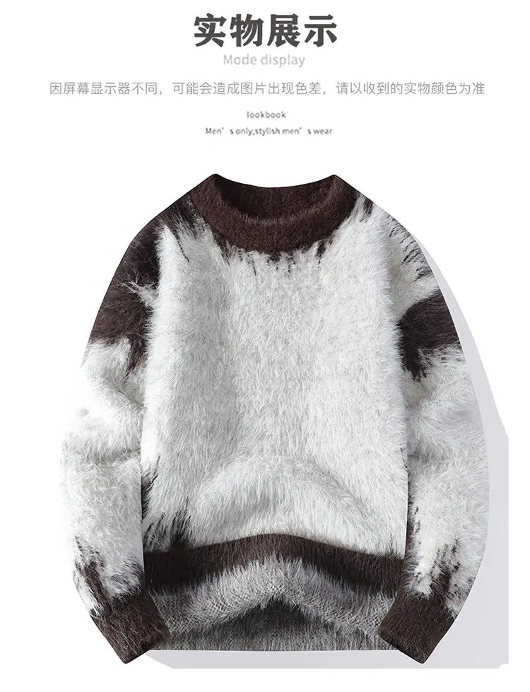 Autumn Winter Men's Casual Warm Fake mink fur Retro Knitted Sweater Round Neck Knitting Pullover Sweater