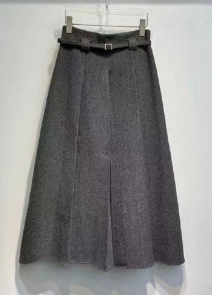 New Arrival Long Skirts 2025 Winter Fashion Women Belt Patchwork Casual Party Long Maxi Khaki Grey Black Wool Pleated Skirts PlatiNum