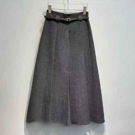 New Arrival Long Skirts 2025 Winter Fashion Women Belt Patchwork Casual Party Long Maxi Khaki Grey Black Wool Pleated Skirts PlatiNum
