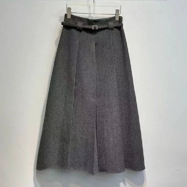 New Arrival Long Skirts 2025 Winter Fashion Women Belt Patchwork Casual Party Long Maxi Khaki Grey Black Wool Pleated Skirts PlatiNum