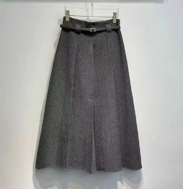 New Arrival Long Skirts 2025 Winter Fashion Women Belt Patchwork Casual Party Long Maxi Khaki Grey Black Wool Pleated Skirts PlatiNum