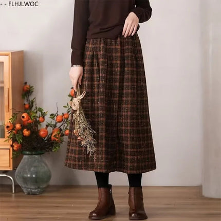Art Mori Girls Woolen Skirts New 2025 Autumn Winter Basics Woman Cute Sweet Japanese Preppy Style Retro Vintage Long Plaid Skirt PlatiNum