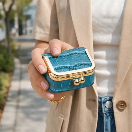 Crocodile Patterned Kiss Lock Coin Purse Square Genuine Leather Leather Jewelry Bag Mini Multifunctional Small Item Bag Storage PlatiNum