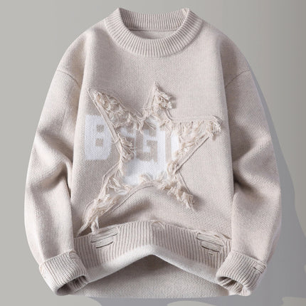 Edgy Star Fringe Knit Sweater – Distressed Lettering Crewneck for Men
