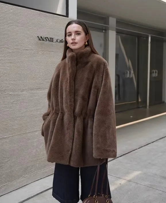 Women's Brown Plush Faux Fur Coat Funnel Neck Drawstring Waist Mid-Length Thick Winter Warm Elegant Luxe Chic Outerwear