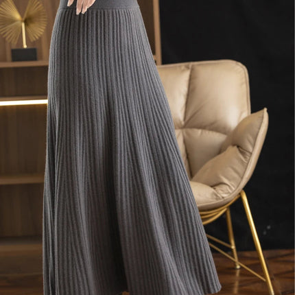 Elegant Women's Pleated Skirt 100% Merino Wool Skirt A-Line Long Skirt Soft Warm Autumn Winter Dress Slim Elastic Waist Office PlatiNum