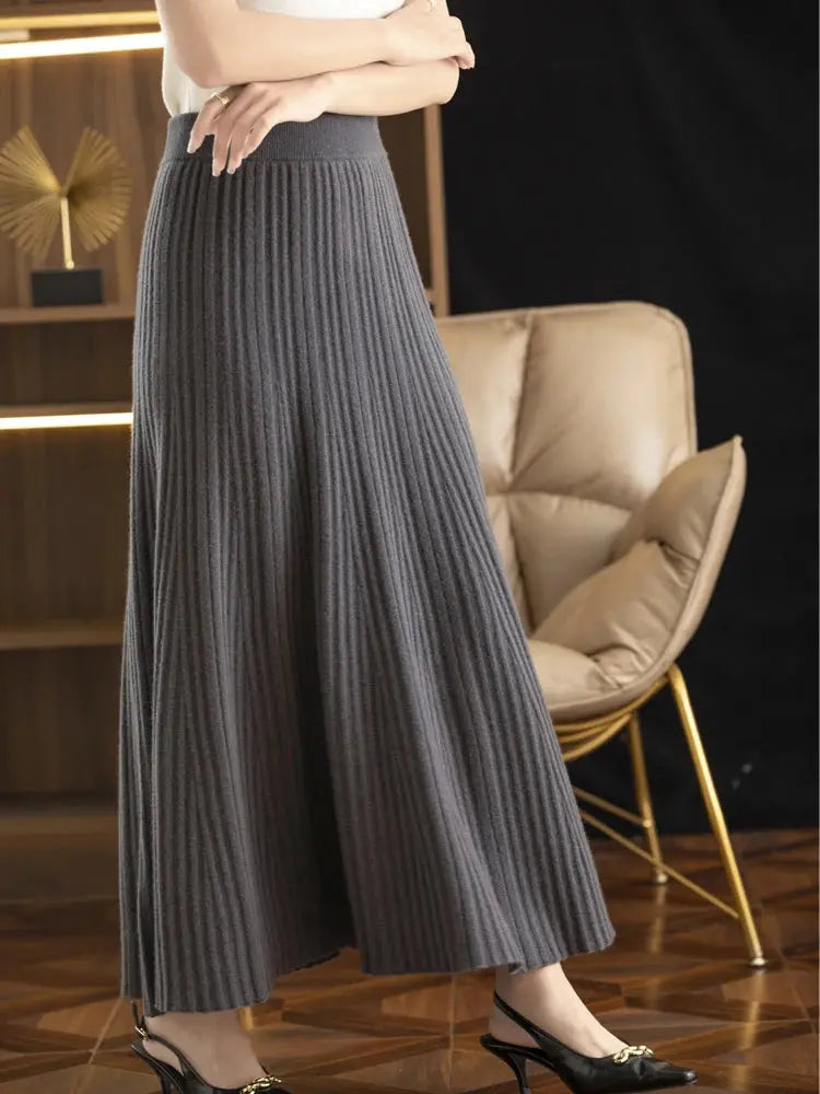 Elegant Women's Pleated Skirt 100% Merino Wool Skirt A-Line Long Skirt Soft Warm Autumn Winter Dress Slim Elastic Waist Office PlatiNum