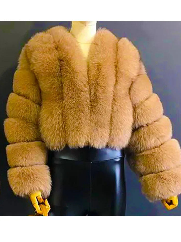 ZADORIN Luxury Cropped White Faux Fox Fur Coat Woman Clothing V Neck Long Sleeve Winter Fluffy Faux Fur Jacket Fur Coats Woman