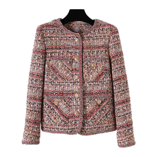 2025 new fashion round neck light luxury noble lady high-end temperament design tweed jacket